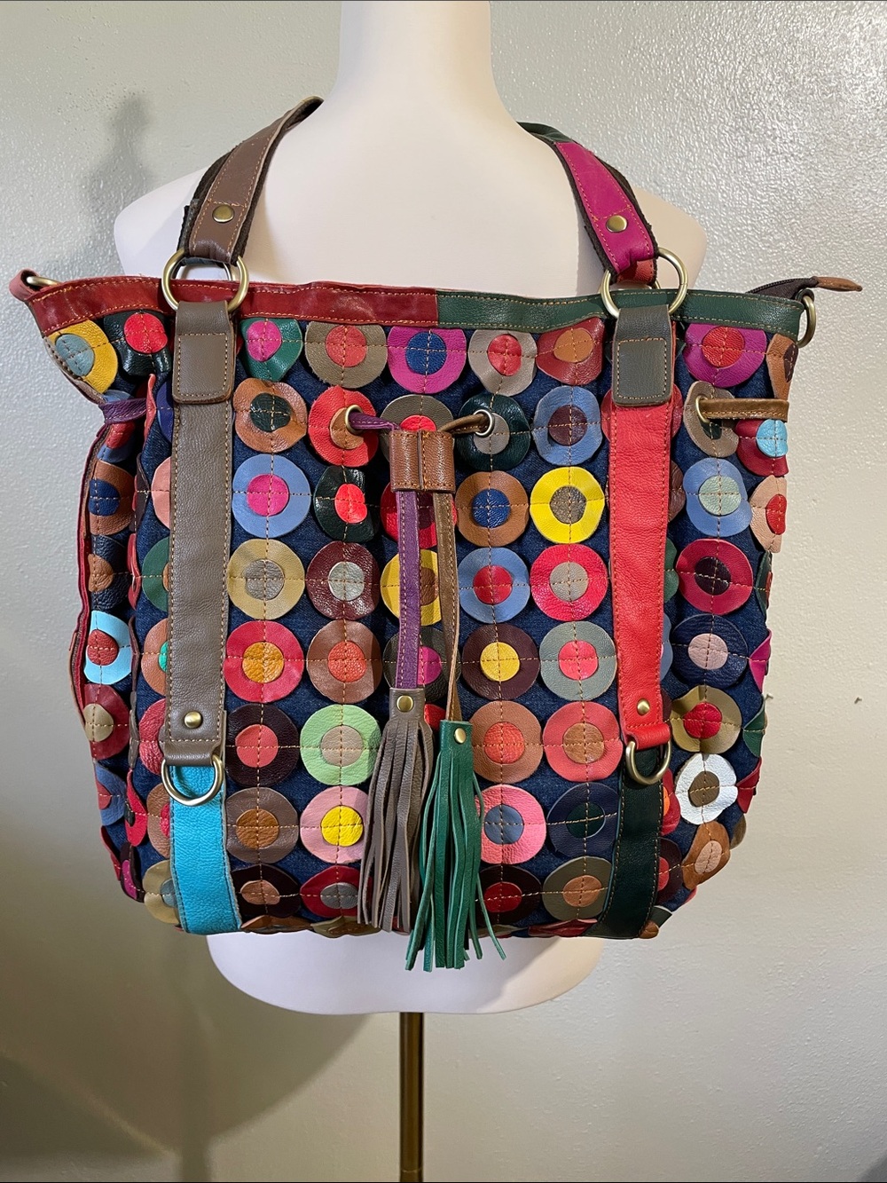 AmeriLeather Boho Festival Patchwork Leather Tote Bag Artwear Artisan Travel